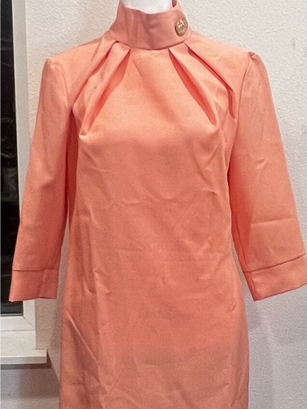 High-Neck Peach Long-Sleeve Shift Dress
